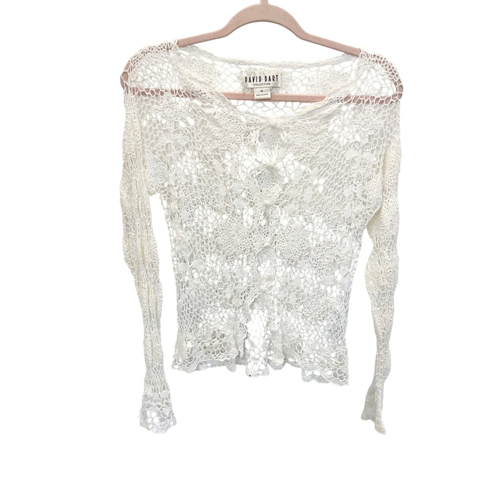 Vintage David Dart Ivory Crochet Knit Linen Cardigan Boho Festival Beachy - XL